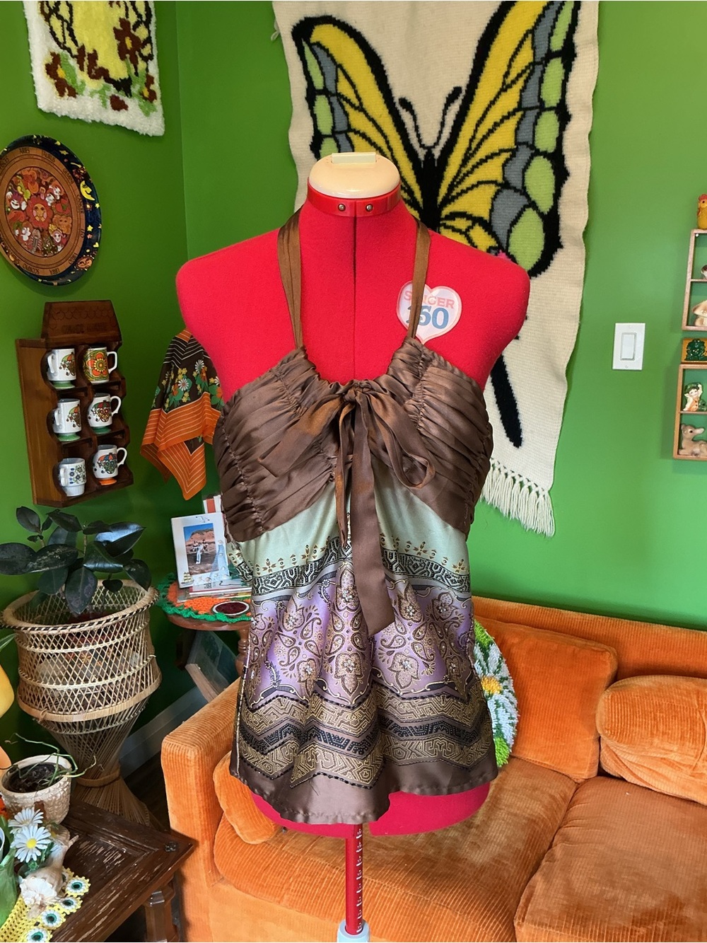 Brown Halter Silk-Blend Printed Halter Top
